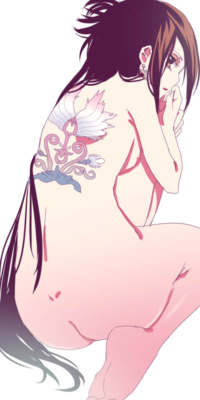 wemu (ivycrown), 1girl, ass, back, back tattoo, barefoot, breasts, brown hair, devil blue, female focus, from behind, long hair, medium breasts, nude, orange eyes, profile, simple background, soles, solo, tattoo, very long hair, white background