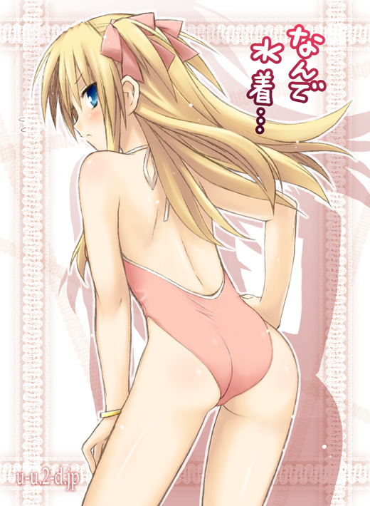 eretto, shalon, quiz magic academy, 1girl, ass, back, blonde hair, blue eyes, casual one-piece swimsuit, female focus, halterneck, hand on own hip, hip focus, leaning forward, one-piece swimsuit, profile, shadow, solo, swimsuit