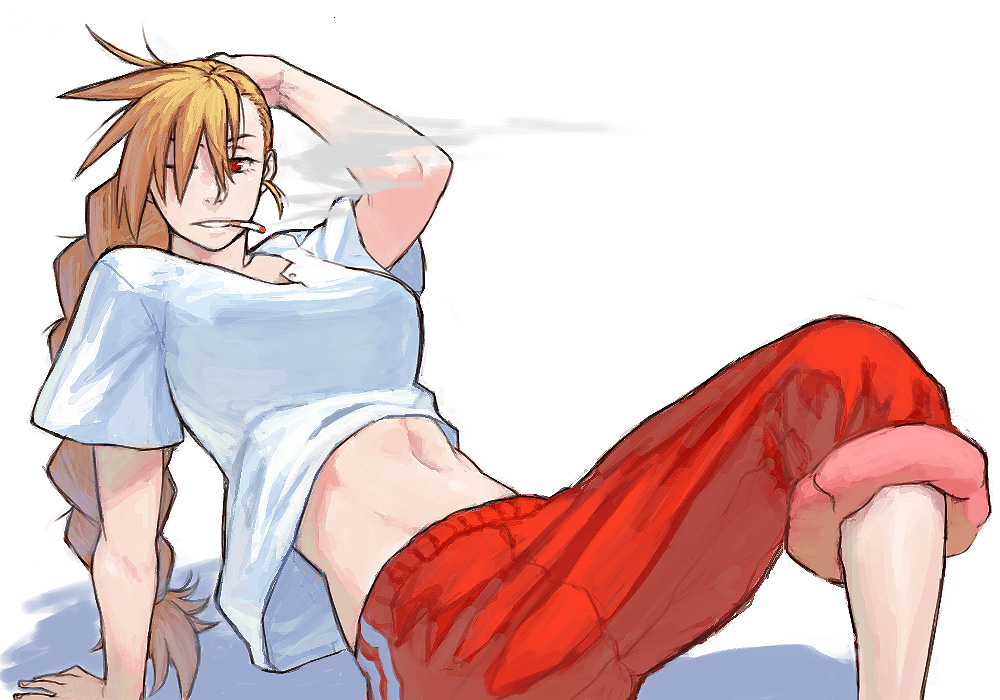 azusa (hws), 1girl, arm support, blonde hair, braid, braided ponytail, breasts, cigarette, collarbone, double vertical stripe, eyelashes, female focus, groin, hand on own head, linea alba, long hair, midriff, navel, one eye closed, ponytail, red eyes, simple background, smoke, smoking, solo, wink