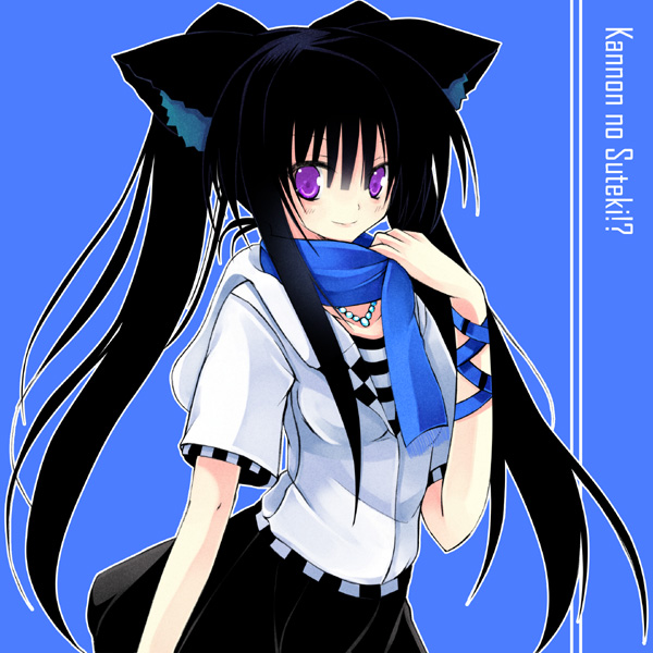 kannon ouji, 1girl, animal ears, arm at side, belt, black skirt, blue background, blush, buckle, cat ears, cowboy shot, female focus, gem, jewelry, looking at viewer, necklace, pendant, scarf, shirt, short sleeves, sidelocks, simple background, skirt, smile, solo, twintails, white shirt, wristband