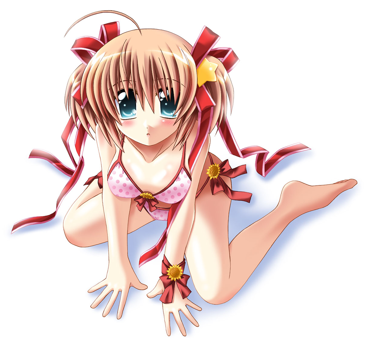 otoki raku, kamikita komari, little busters!, 1girl, bad anatomy, bad feet, barefoot, bikini, blue eyes, female focus, kneeling, pink bikini, polka dot, polka dot bikini, polka dot swimsuit, poorly drawn, ribbon, solo, swimsuit, twintails