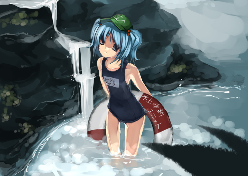 shimadoriru, kawashiro nitori, touhou, 1girl, female focus, hair bobbles, hair ornament, name tag, one-piece swimsuit, school swimsuit, solo, swimsuit, two side up