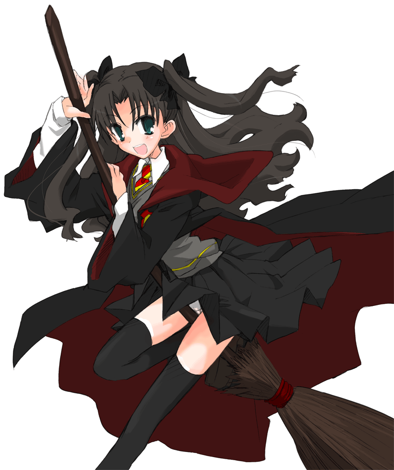 hizuki yayoi, tohsaka rin, fate/stay night, fate (series), harry potter (series), wizarding world, 1girl, :d, black hair, black thighhighs, broom, broom riding, cape, female focus, green eyes, hogwarts school uniform, long hair, looking at viewer, open mouth, panties, pantyshot, parody, pleated skirt, school uniform, serafuku, simple background, skirt, smile, solo, thighhighs, transparent background, two side up, underwear, upskirt, white background, white panties, zettai ryouiki