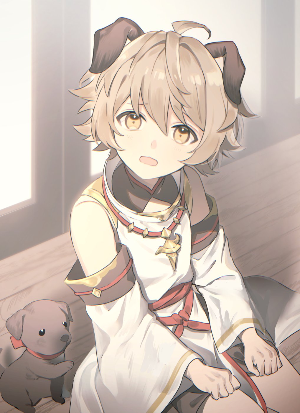 umeda shiso, basara (granblue fantasy), granblue fantasy, highres, 1boy, animal ears, brown hair, detached sleeves, dog, dog ears, erune, japanese clothes, looking at viewer, male focus, open mouth, short hair