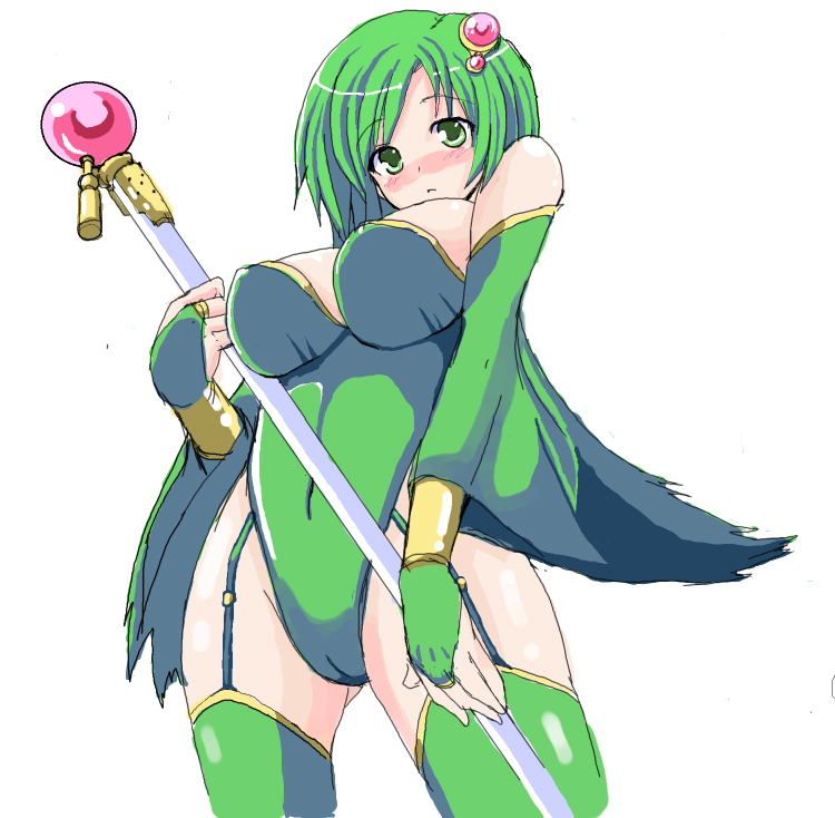 yasakani an, raising heart, rydia (adult) (ff4), rydia (ff4), final fantasy, final fantasy iv, lyrical nanoha, mahou shoujo lyrical nanoha, 1girl, alternate weapon, blush, breasts, bridal gauntlets, cameltoe, cleavage, detached sleeves, female focus, garter straps, green eyes, green hair, hair ornament, jewelry, large breasts, legs, leotard, matching hair/eyes, parody, simple background, solo, staff, thighhighs, thighs, weapon