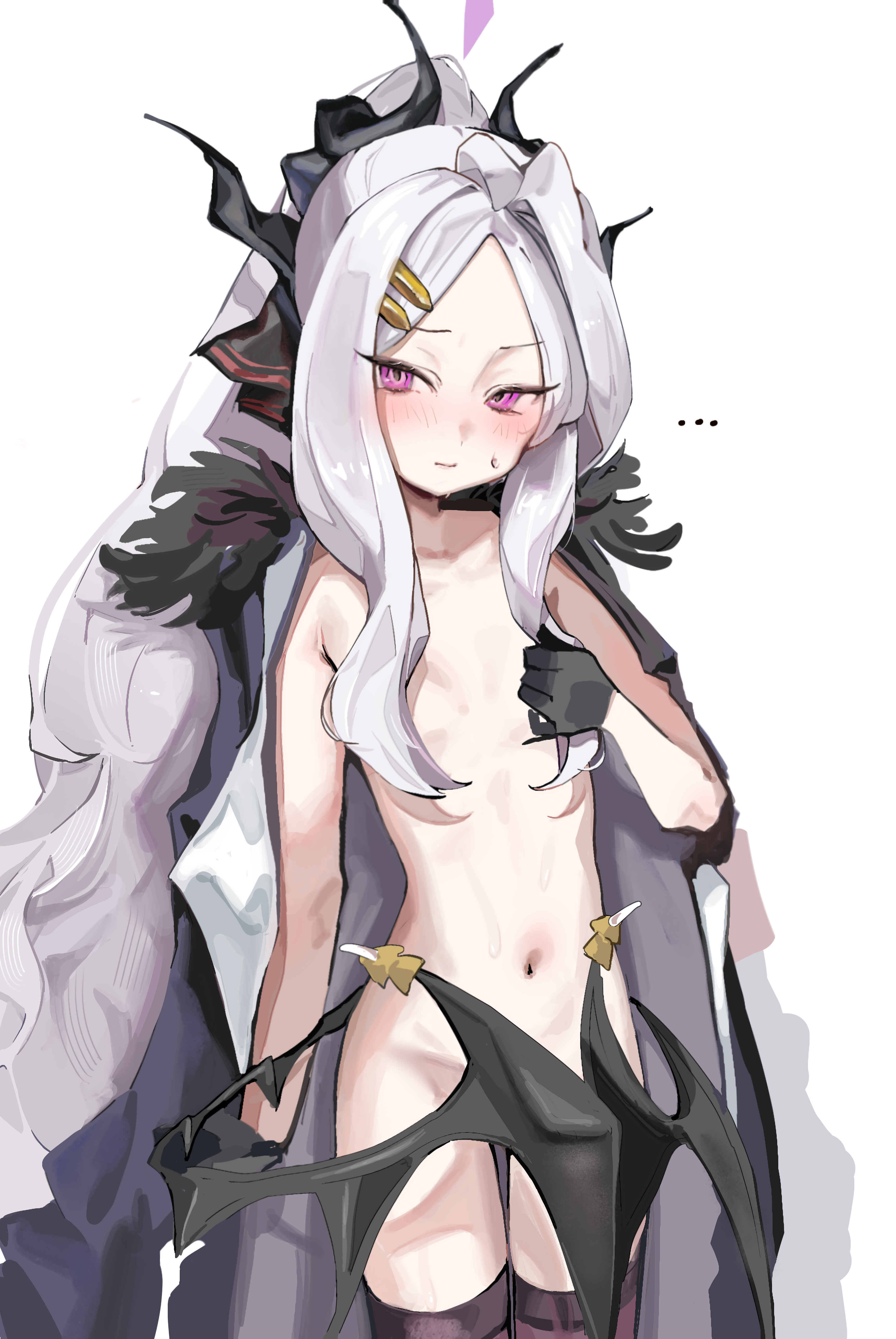 coa (35 seno), hina (blue archive), blue archive, absurdres, highres, …, 1girl, ahoge, demon girl, demon horns, demon wings, flat chest, halo, horns, long hair, looking at viewer, navel, nude, purple eyes, simple background, solo, standing, very long hair, white background, white hair, wings