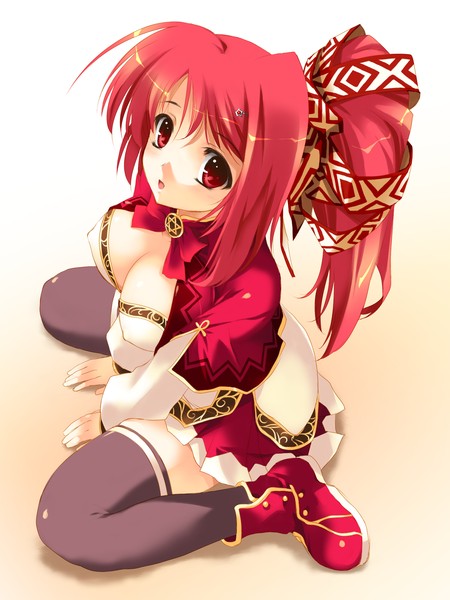 kikurage (plastic people), tagme, ponytail, red eyes, red hair, solo, thighhighs, zettai ryouiki