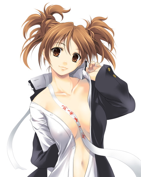 kikurage (plastic people), original, 1girl, brown hair, female focus, gakuran, open clothes, open shirt, red eyes, school uniform, serafuku, shirt, solo, twintails