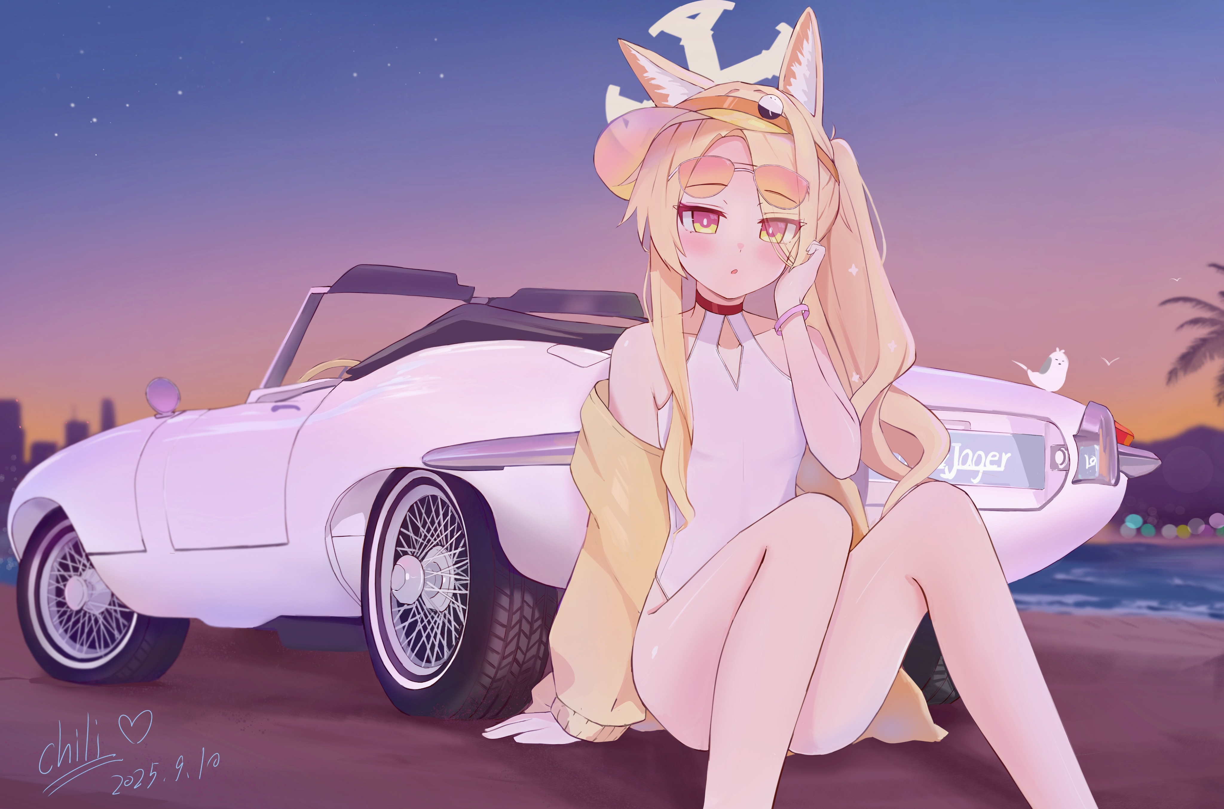 sichuan luo li, seia (blue archive), seia (swimsuit) (blue archive), blue archive, absurdres, highres, 1girl, animal ear fluff, animal ears, artist name, blonde hair, breasts, car, covered navel, cross halo, dated, diamond cutout, dusk, feet out of frame, fox ears, fox girl, fox tail, gradient sky, halo, highleg, highleg one-piece swimsuit, jacket, long hair, looking at viewer, motor vehicle, official alternate costume, official alternate hairstyle, one-piece swimsuit, orange-tinted eyewear, orange eyes, side ponytail, sky, small breasts, solo, sunglasses, swimsuit, tail, tinted eyewear, visor cap, white one-piece swimsuit, yellow halo, yellow jacket, yellow visor