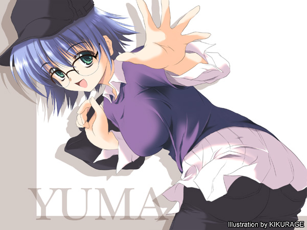 kikurage (plastic people), tonami yuma, to heart (series), to heart 2, 00s, 1girl, :d, ass, bag, baseball cap, bent over, blue hair, character name, female focus, glasses, green eyes, hat, long sleeves, open mouth, over-rim eyewear, pants, purple shirt, semi-rimless eyewear, shirt, short hair, simple background, smile, solo, vest, waving