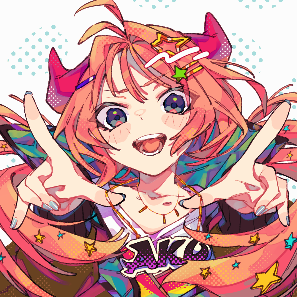 notamaru 2, original, commentary request, 1girl, :d, ako-chan (notamaru 2), antenna hair, blue eyes, blush stickers, brown jacket, character name, collarbone, hair ornament, hands up, horns, jacket, long hair, long sleeves, looking at viewer, open mouth, pink hair, red horns, shirt, simple background, smile, solo, star (symbol), star hair ornament, upper body, white background, white shirt