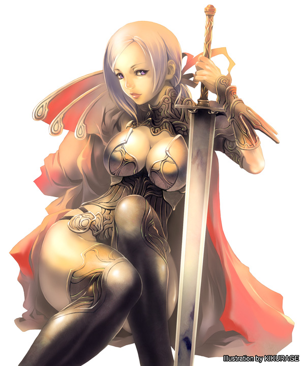 kikurage (plastic people), 1girl, armor, blonde hair, boots, breasts, cape, cleavage, fantasy, female focus, hip focus, large breasts, looking at viewer, solo, sword, thigh boots, thighhighs, weapon