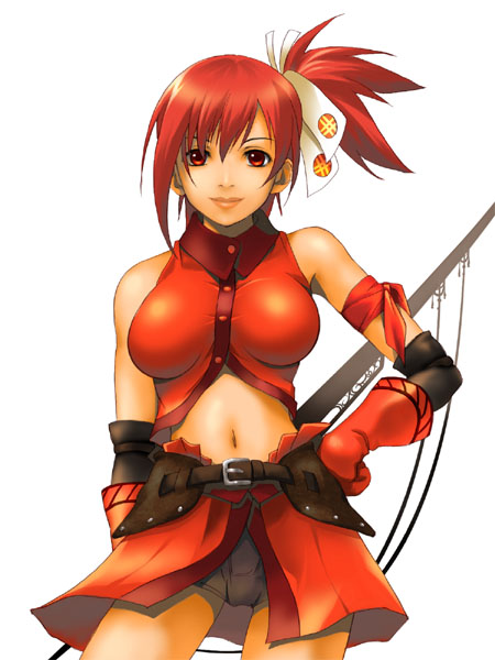 kikurage (plastic people), original, 1girl, armband, belt, bike shorts, breasts, crop top, detached sleeves, fantasy, female focus, gloves, hair ribbon, hand on own hip, impossible clothes, impossible shirt, large breasts, lips, lipstick, makeup, midriff, navel, ponytail, red eyes, red hair, ribbon, shirt, short shorts, shorts, side ponytail, simple background, skirt, sleeveless, sleeveless shirt, smile, solo, standing, turtleneck, white background