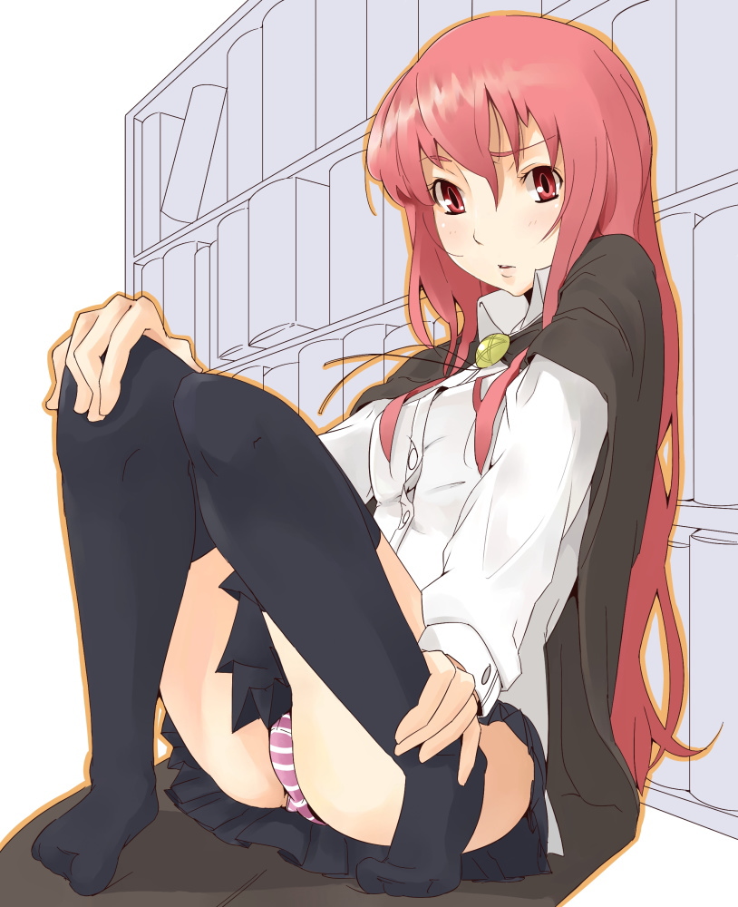 yamamoto enji, louise francoise le blanc de la valliere, zero no tsukaima, 00s, 1girl, cape, female focus, panties, pentacle, solo, striped clothes, striped panties, thighhighs, underwear