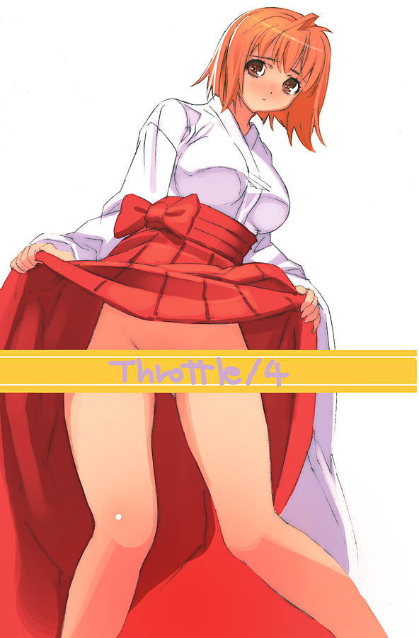 sanbasou, 1girl, censored, clothes lift, convenient censoring, female focus, hakama, hakama skirt, japanese clothes, miko, no panties, orange hair, red eyes, red hakama, short hair, skirt, skirt lift, solo