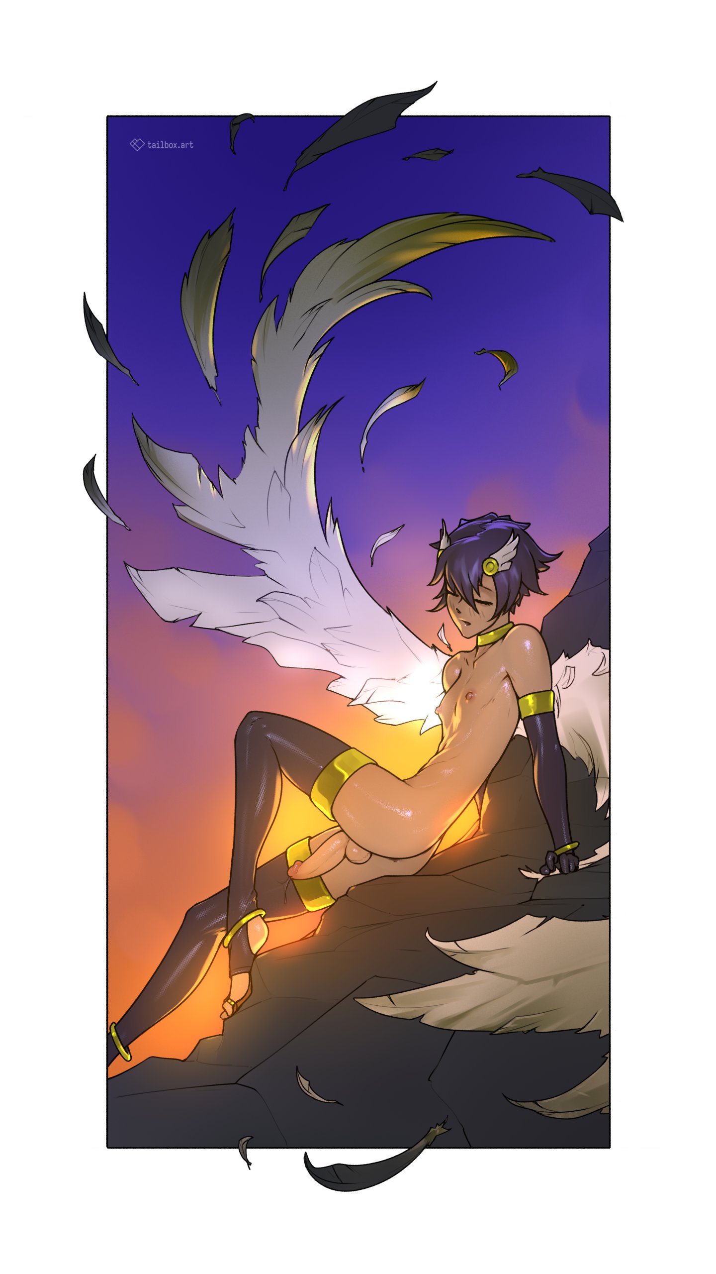 tailbox, original, absurdres, highres, 1boy, androgynous, angel wings, anklet, artist name, blush, closed eyes, dark-skinned male, dark skin, erection, feathers, gold choker, head wings, jewelry, male focus, nipples, solo, stirrup legwear, testicles, thighhighs, toeless legwear, toned, toned male, wings