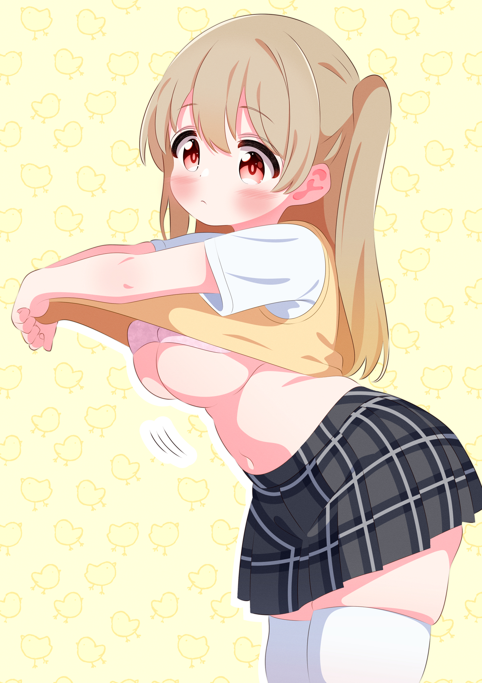 r245, minagi koharu, slow loop, 1girl, animal, animal background, baby animal, bird, black skirt, blush, bra, breasts, brown hair, brown sweater vest, chick, large breasts, leaning forward, long hair, looking down, navel, pink bra, plaid clothes, plaid skirt, red eyes, removing shirt, school uniform, shirt, short sleeves, skirt, standing, sweater vest, thighhighs, twintails, underboob, underwear, undressing, white shirt, white thighhighs, yellow background