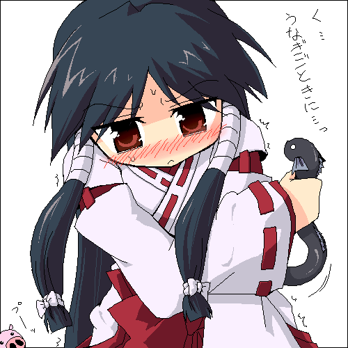 hidaka makoto, machi (nagasarete airantou), nagasarete airantou, lowres, 00s, 1girl, bandages, black hair, blush, detached sleeves, female focus, hair tubes, long sleeves, looking down, nose blush, red eyes, sidelocks, simple background, solo, white background