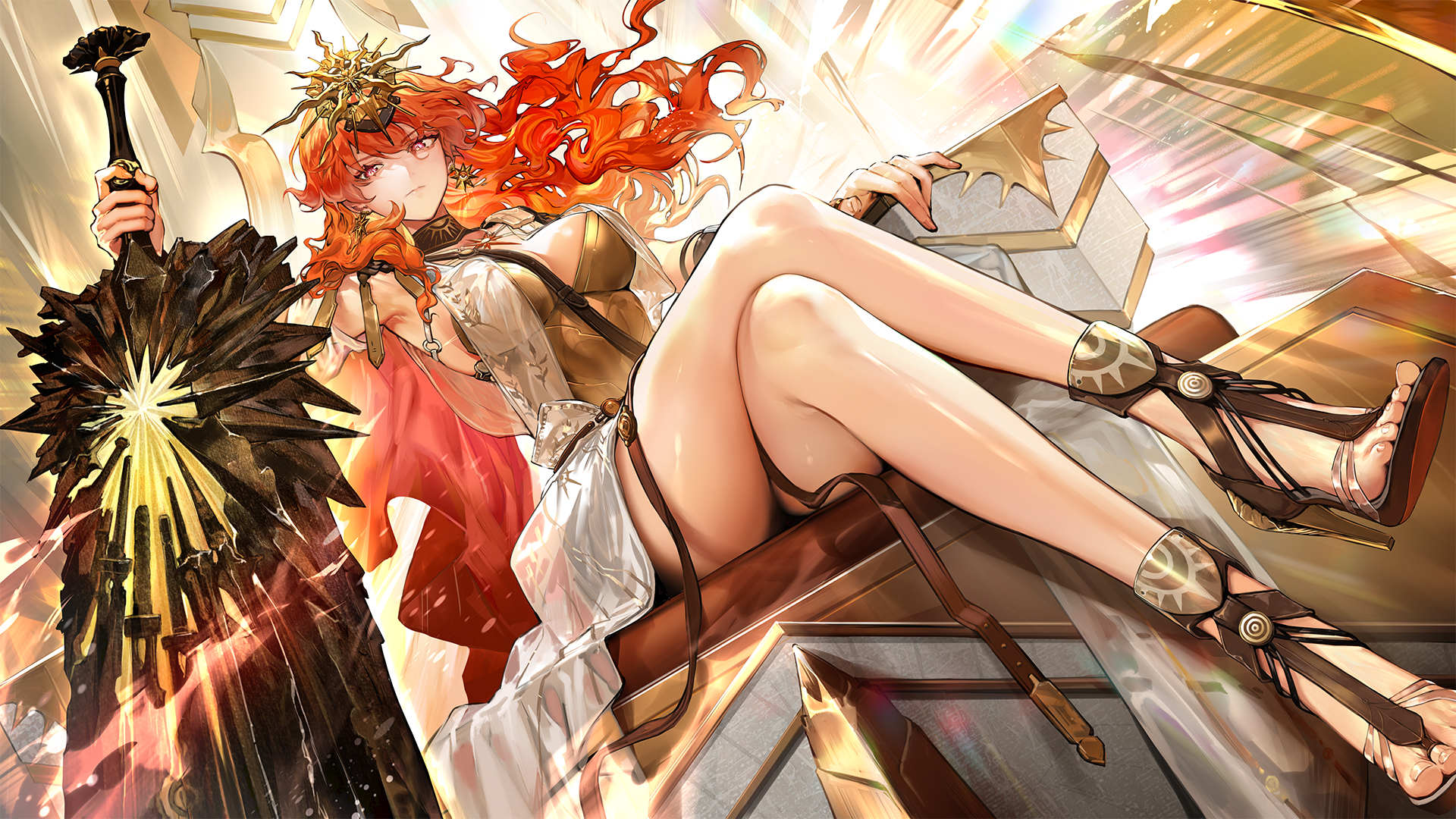 suzuhi (fullprayer), augusta (wuthering waves), wuthering waves, highres, 1girl, armor, breastplate, breasts, cleavage, collar, crossed legs, dress, earrings, greatsword, headgear, high heels, jewelry, large breasts, long hair, looking at viewer, orange hair, red eyes, sitting, solo, sword, weapon, white dress