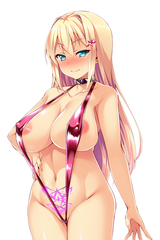satou kuuki, game cg, non-web source, official art, variant set, 1girl, aqua eyes, areola slip, arm at side, ayazaki shizuku, blonde hair, blue eyes, blush, breasts, cleavage, closed mouth, collar, collarbone, covered erect nipples, cowboy shot, earrings, female pubic hair, groin, hair intakes, hair ornament, hairclip, hand on own hip, heart, heart hair ornament, huge breasts, jewelry, long hair, looking at viewer, navel, nose blush, one-piece swimsuit, partially visible vulva, pink one-piece swimsuit, pubic hair, pubic tattoo, simple background, slingshot swimsuit, smile, solo, soukou seiki ysphere, standing, stomach, stud earrings, swimsuit, tattoo, transparent background, venus symbol, venus symbol hair ornament