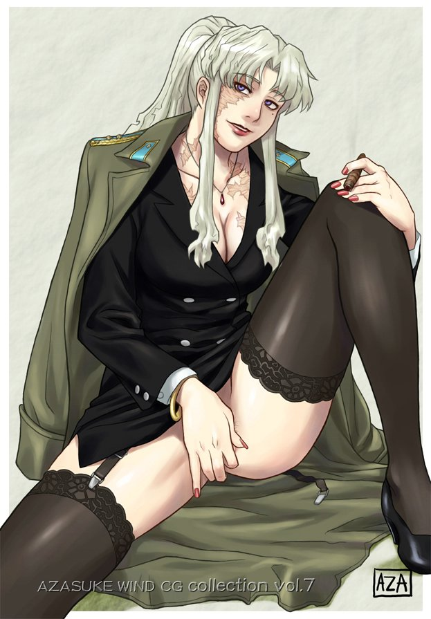 azasuke, balalaika (black lagoon), black lagoon, 00s, 1girl, blonde hair, blue eyes, bracelet, breasts, business suit, cigar, cleavage, female focus, female masturbation, formal clothes, garter belt, high heels, jacket, jewelry, leg lift, long hair, masturbation, military, military uniform, mole, nail polish, necklace, no panties, ponytail, scar, shoes, sitting, smile, solo, spread legs, suit, thighhighs