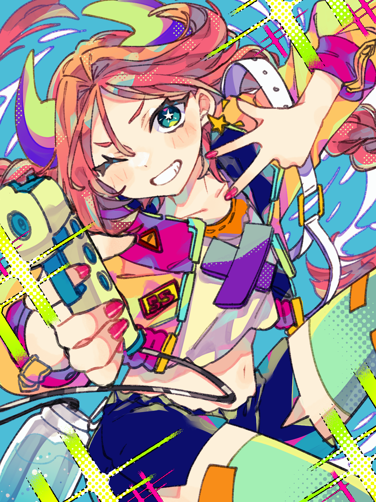 notamaru 2, original, commentary request, highres, 1girl, ako-chan (notamaru 2), blue background, blue shorts, blush stickers, colorful, cowboy shot, crop top, cropped shirt, green eyes, green horns, green thighhighs, grin, holding, holding water gun, horns, long sleeves, looking at viewer, midriff, nail polish, navel, one eye closed, pink hair, pink nails, shirt, short hair, shorts, smile, solo, thighhighs, w, water gun, yellow shirt