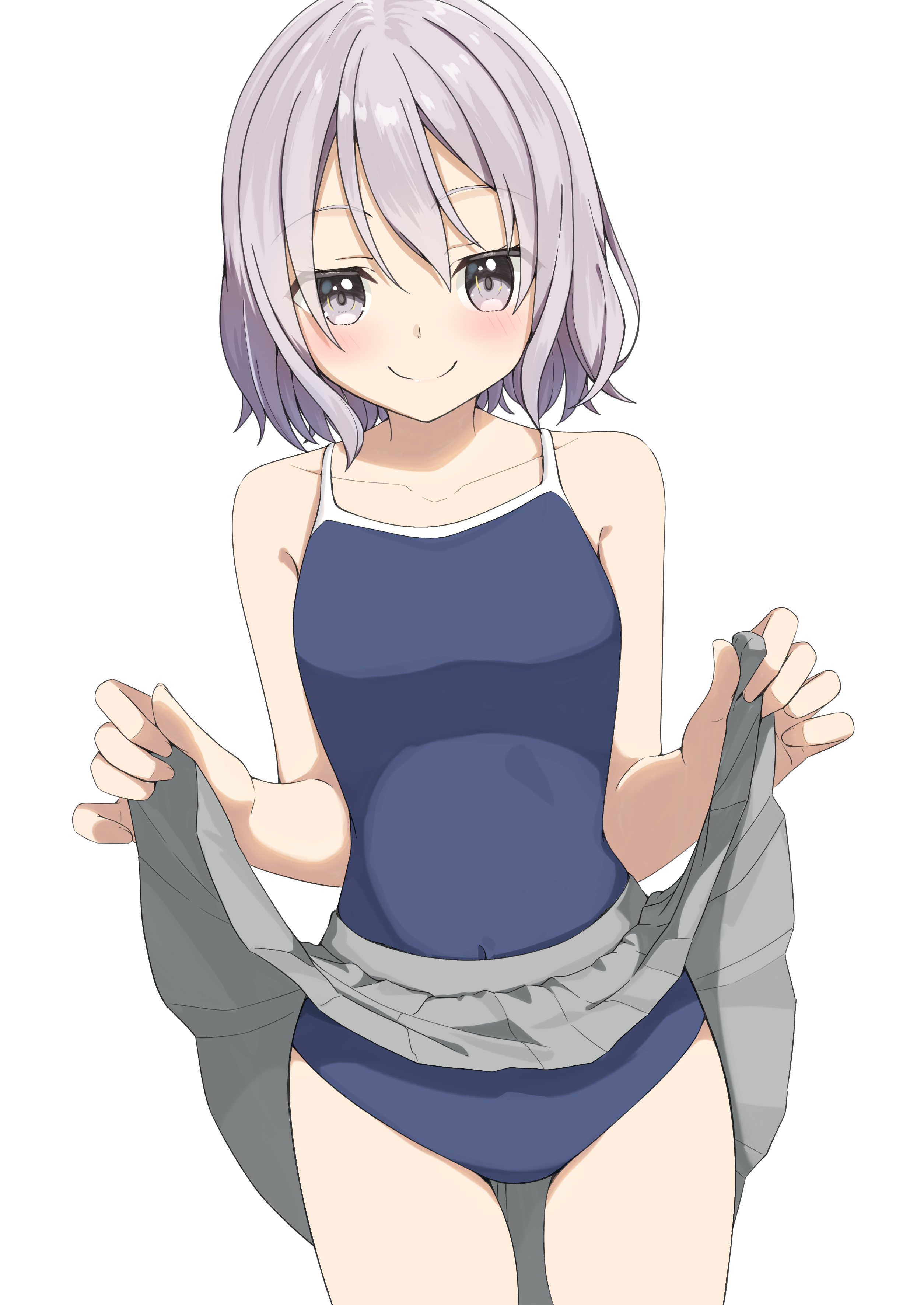 negimiso1989, original, absurdres, commentary request, highres, 1girl, bare shoulders, blue one-piece swimsuit, blush, breasts, clothes lift, collarbone, competition school swimsuit, covered navel, grey eyes, grey hair, grey skirt, lifting own clothes, looking at viewer, miniskirt, no shirt, one-piece swimsuit, pleated skirt, school swimsuit, short hair, simple background, skirt, skirt lift, small breasts, smile, solo, standing, swimsuit, swimsuit under clothes, white background
