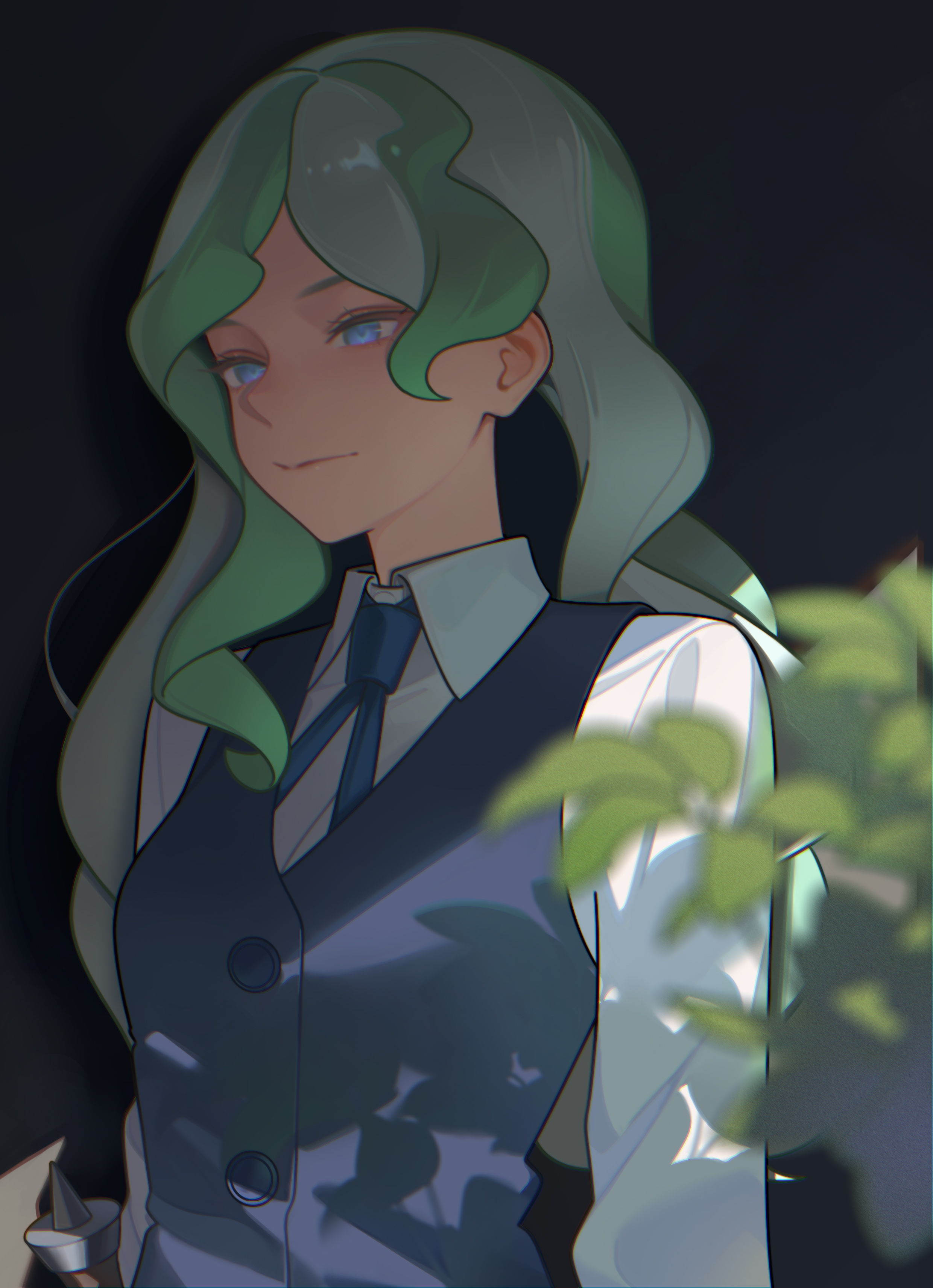 guyijun, diana cavendish, little witch academia, absurdres, highres, 1girl, arms at sides, black background, blue eyes, blue necktie, blue vest, blurry, blurry foreground, buttons, closed mouth, collared shirt, green hair, grey hair, long hair, long sleeves, looking ahead, luna nova school uniform, multicolored hair, necktie, parted bangs, plant, school uniform, shade, shadow, shirt, single sidelock, solo, two-tone hair, upper body, vest, wand, white shirt