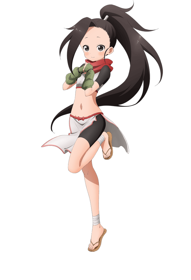 okuda yousuke, tsubaki (kunoichi tsubaki no mune no uchi), kunoichi tsubaki no mune no uchi, official art, 1girl, anime coloring, bandaged leg, bandages, bike shorts, black hair, blush, breasts, brown eyes, fingerless gloves, forehead, full body, gloves, green gloves, hands on own chest, hands up, high ponytail, japanese clothes, leg up, long hair, looking at viewer, midriff, navel, ninja, pelvic curtain, ponytail, red scarf, scarf, short sleeves, simple background, small breasts, smile, solo, standing, standing on one leg, tachi-e, transparent background, waraji