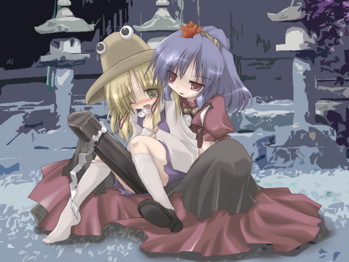 zipdeyaruo, moriya suwako, yasaka kanako, touhou, eyebrows, white legwear, 2girls, blonde hair, blush, breath, eyes visible through hair, female focus, hair ornament, hat, kneehighs, leaf, leaf hair ornament, maple leaf, multiple girls, onbashira, one eye closed, purple hair, red eyes, rope, shide, shimenawa, shoes, single shoe, sitting, sitting on lap, sitting on person, socks, straddling, tsurime, yellow eyes, yuri