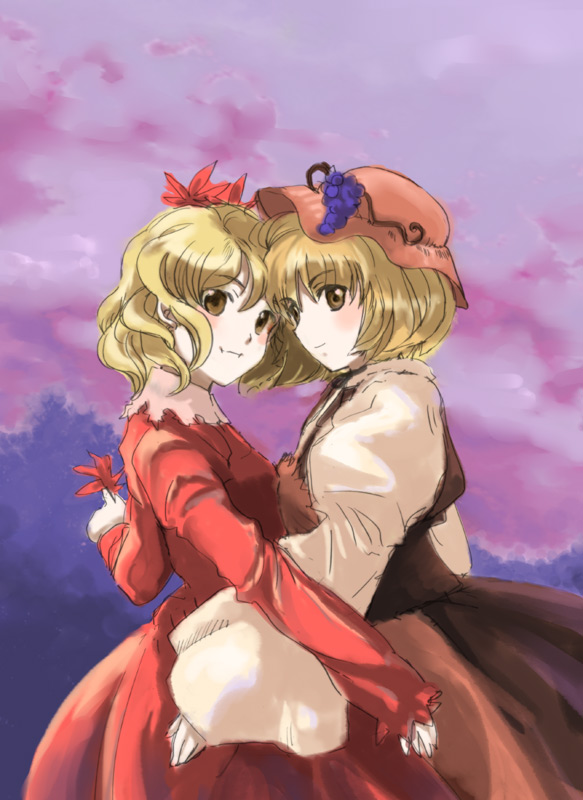 nanami sano, aki minoriko, aki shizuha, touhou, 2girls, blonde hair, female focus, food, fruit, grapes, hair ornament, hat, hug, leaf, leaf hair ornament, leaf on head, multiple girls, object on head, short hair, siblings, sisters, yellow eyes