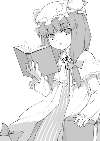 ikura hato, patchouli knowledge, touhou, lowres, 1girl, book, crescent, female focus, greyscale, hat, long hair, monochrome, solo