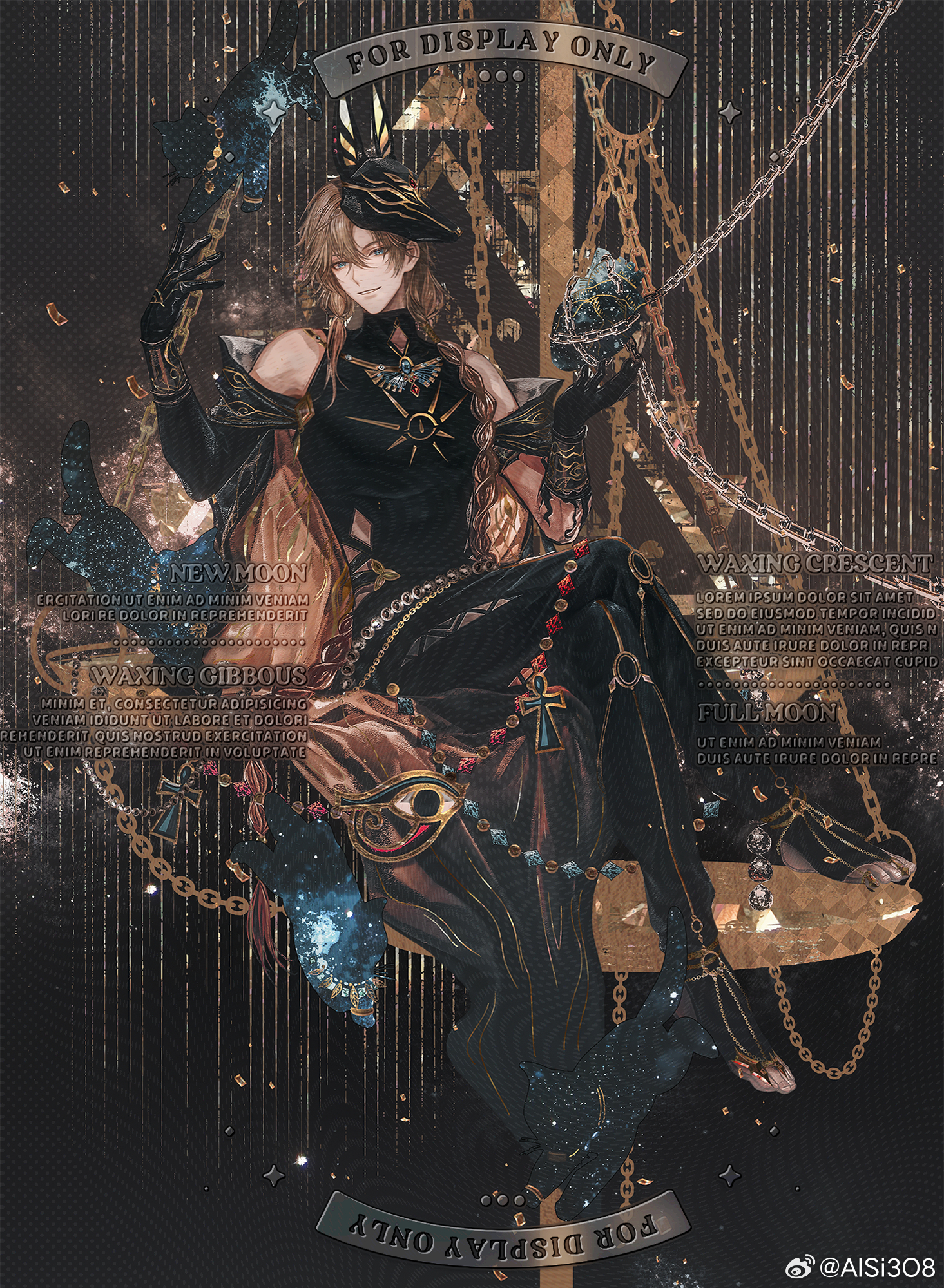jingjue de yumiao, lars rorschach, lovebrush chronicles, chinese commentary, highres, 1boy, animal ears, ankh, anklet, aqua eyes, asymmetrical gloves, asymmetrical sidelocks, balance scale, bare shoulders, barefoot sandals (jewelry), bead belt, black background, black cape, black cat, black mask, black pants, black shirt, black socks, black thighhighs, blonde hair, blue gemstone, bracer, braid, bridal legwear, brooch, cape, cat, chain, chain belt, cleavage cutout, clothing cutout, confetti, crossed legs, dog mask, elbow gloves, eye symbol, full body, gem, gloves, gold necklace, gold trim, hair between eyes, hands up, heart (organ), holding heart (organ), jackal ears, jewelry, long hair, looking at viewer, low-tied sidelocks, male focus, mask, mask on head, necklace, off shoulder, official alternate costume, orange cape, pants, parted lips, red gemstone, shirt, side braid, sidelocks, single braid, sitting, sleeveless, sleeveless turtleneck, socks, solo, starry sky print, stirrup legwear, sun symbol, thighhighs, toeless legwear, turtleneck, turtleneck shirt, two-sided cape, two-sided fabric, uneven gloves, very long hair, watermark, weibo watermark, weighing scale, wing brooch