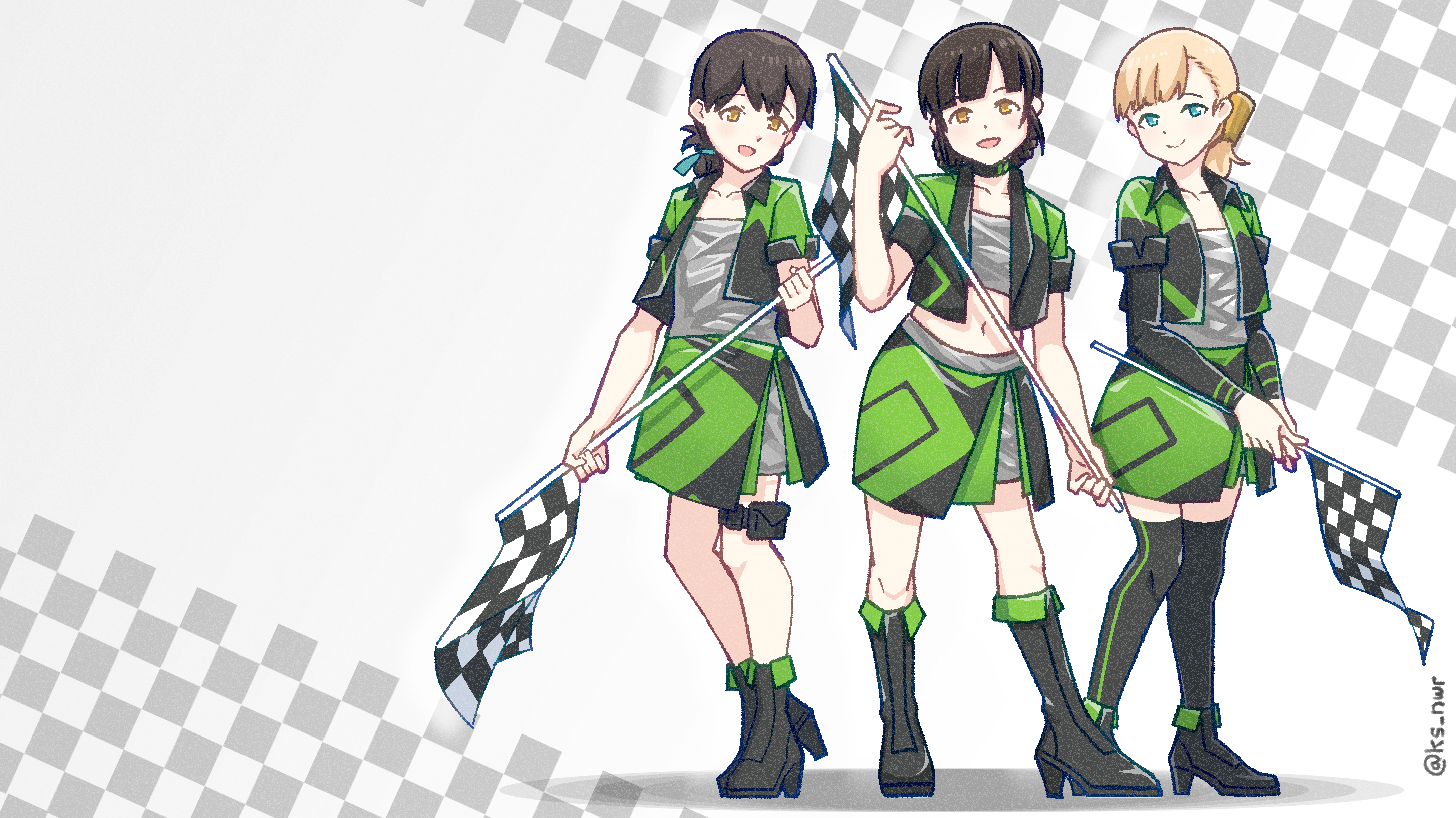 nwr, kasuga maru (kancolle), shin'you (kancolle), taiyou (kancolle), un'you (kancolle), yawata maru (kancolle), kantai collection, highres, 3girls, black boots, black skirt, blonde hair, blue eyes, blunt bangs, boots, braid, brown eyes, brown hair, c2 race queen uniform, folded ponytail, green skirt, high heel boots, high heels, long hair, long sleeves, looking at viewer, midriff, miniskirt, multiple girls, navel, race queen, short sleeves, shrug (clothing), skirt, smile, thigh boots, twin braids, two-tone skirt
