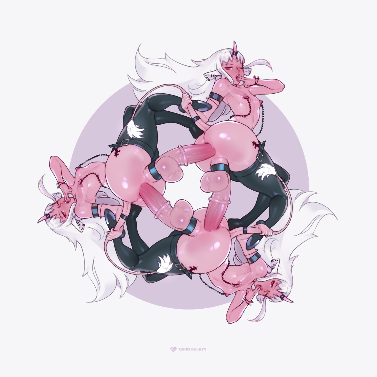 tailbox, original, highres, 3girls, armlet, ass, colored skin, demon tail, gigantic penis, holding another's tail, horns, huge ass, jewelry, multiple girls, nipple piercing, one eye closed, penis, piercing, pink skin, red eyes, rotational symmetry, simple background, single horn, spiked cock ring, tail, testicles, w, white background, white hair