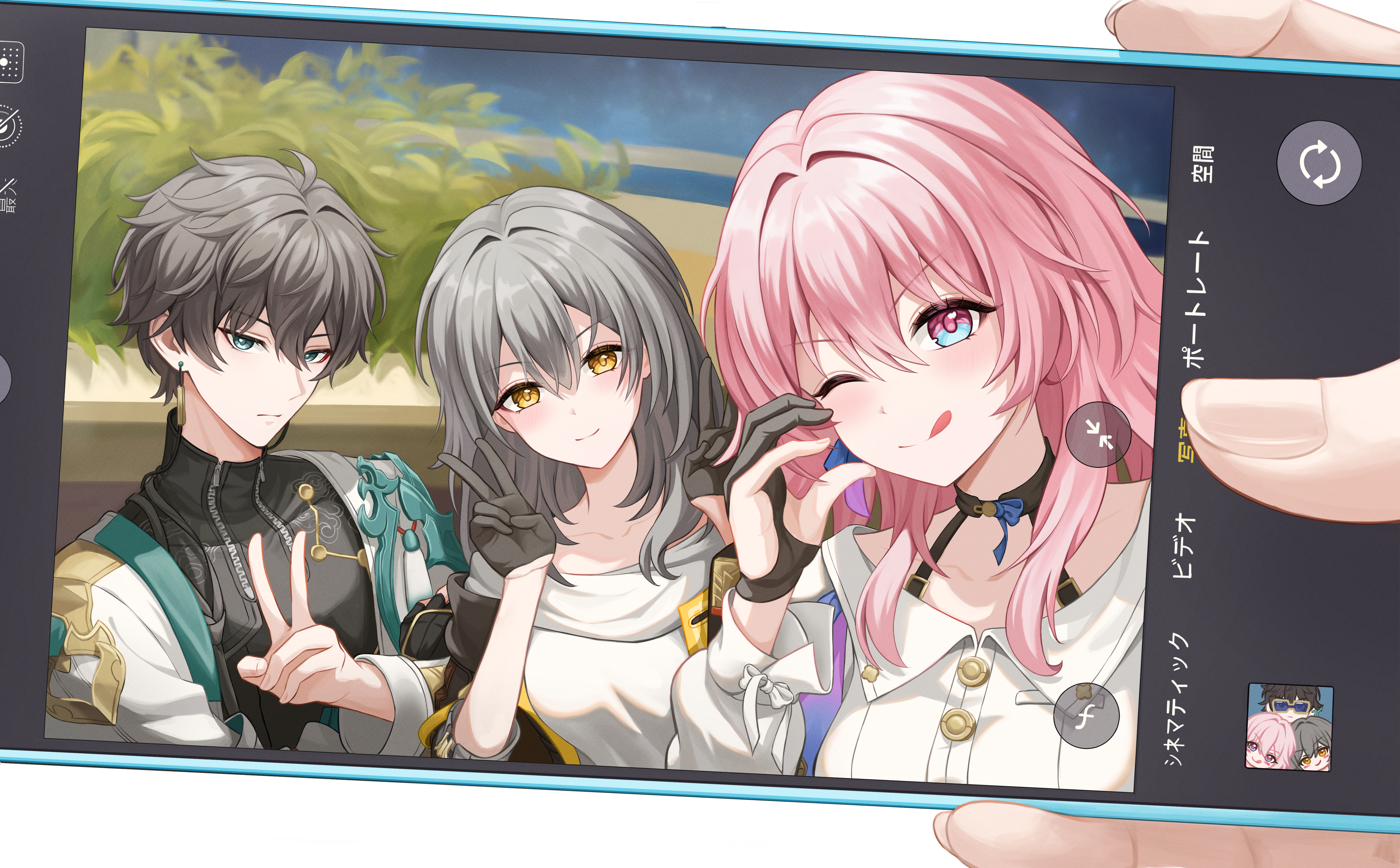 hiko0303, dan heng (honkai: star rail), dan heng (hunt) (honkai: star rail), march 7th (honkai: star rail), march 7th (preservation) (honkai: star rail), stelle (honkai: star rail), trailblazer (honkai: star rail), honkai: star rail, honkai (series), absurdres, commentary, highres, symbol-only commentary, translation request, 1boy, 2girls, ;q, archery shooting glove, black choker, black gloves, black hair, blue eyes, buttons, cellphone, choker, fingernails, gloves, green eyes, grey hair, hair between eyes, holding, holding phone, medium hair, multicolored eyes, multiple girls, one eye closed, partially fingerless gloves, phone, pink eyes, pink hair, plant, shirt, simple background, smartphone, smile, tongue, tongue out, two-tone eyes, white background, white shirt, yellow eyes, zipper, zipper pull tab