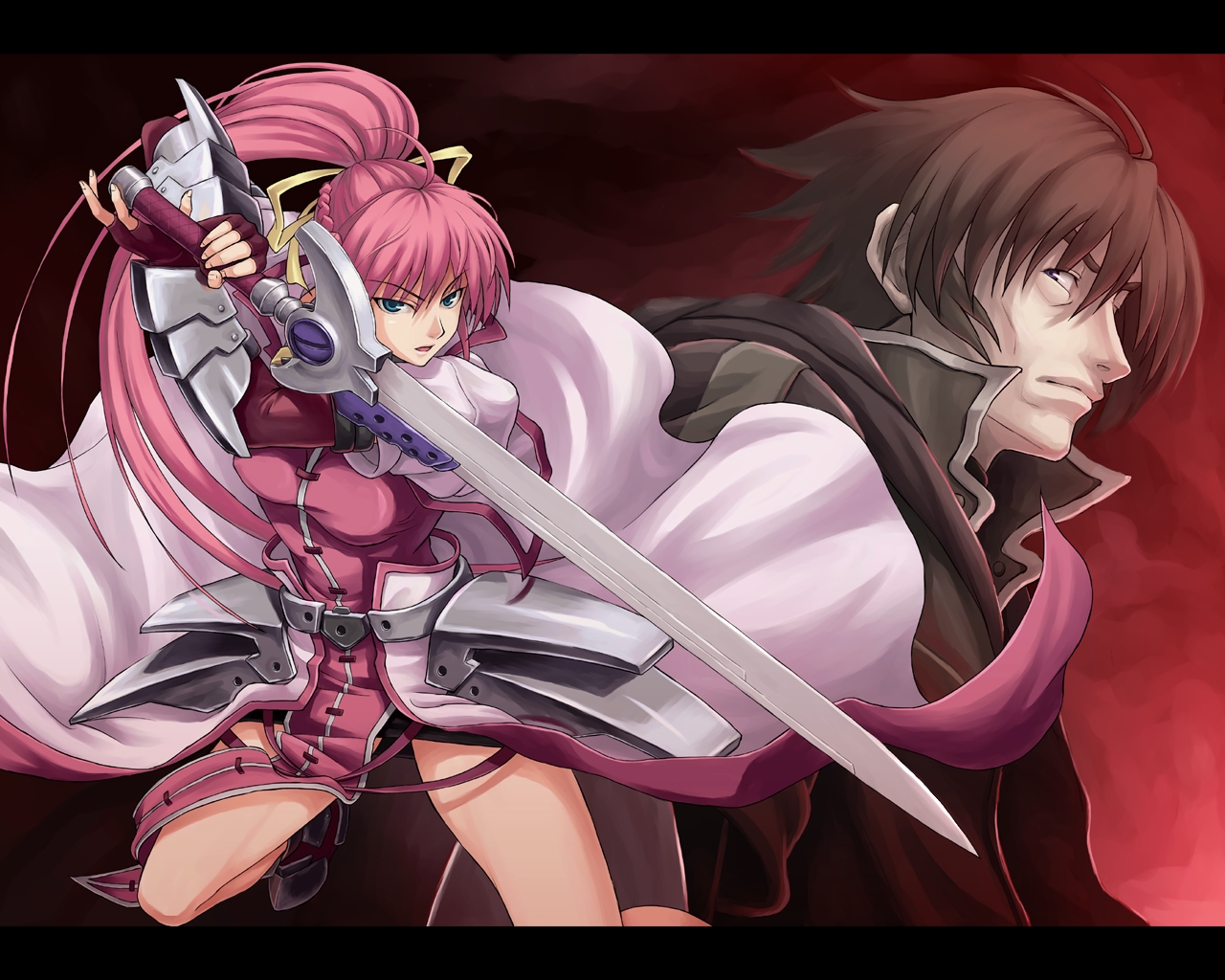 nakayama yukiji, laevatein (nanoha), signum, zest grangeitz, lyrical nanoha, mahou shoujo lyrical nanoha, mahou shoujo lyrical nanoha strikers, 00s, fighting stance, ox guard, sword, weapon, whip sword