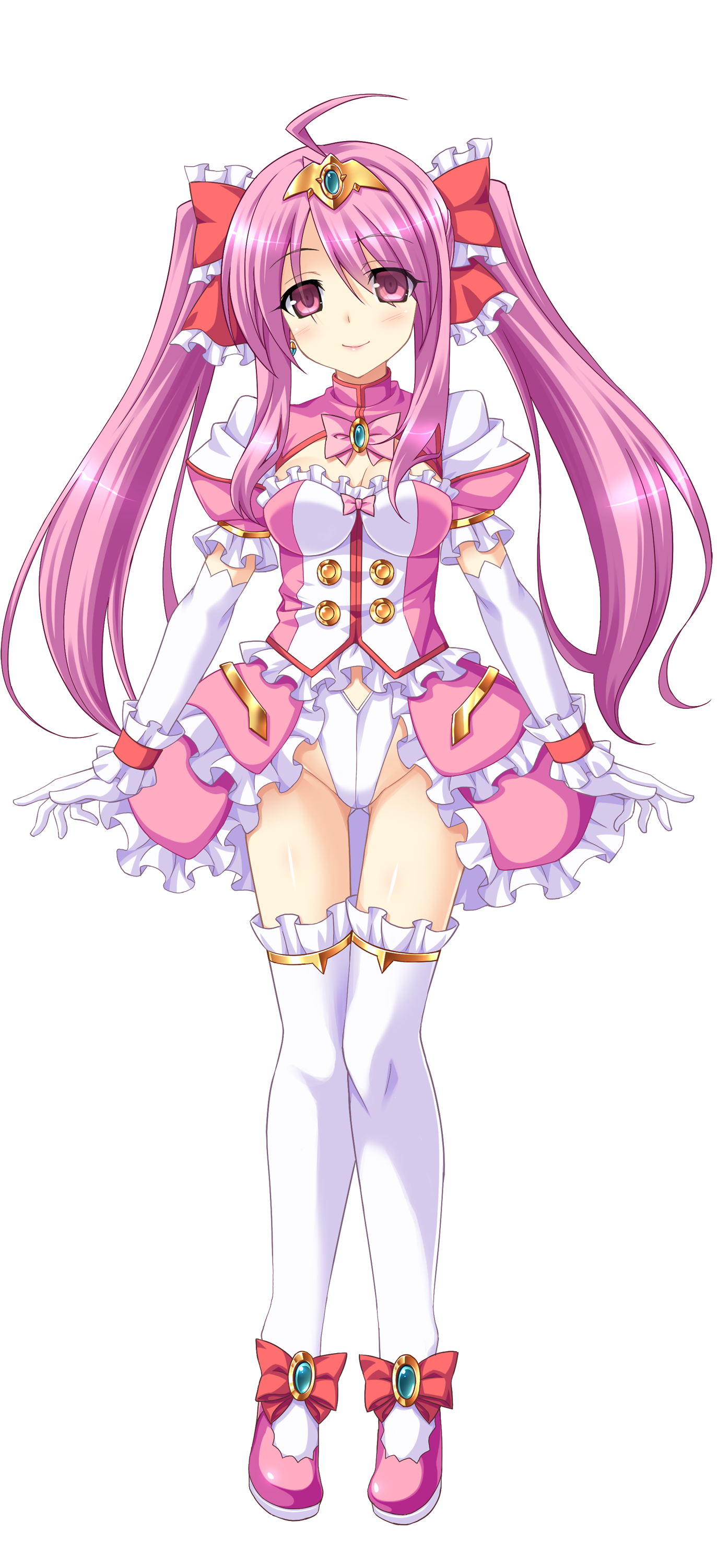 aoi masami, arty cherry, ts magical girl nao, absurdres, game cg, highres, non-web source, official art, variant set, 1girl, ahoge, bow, breasts, cleavage, clothing cutout, dress, elbow gloves, frills, full body, gloves, hair bow, hair ribbon, harukaze mai (tsmg nao!), jewelry, leotard, long hair, looking at viewer, magical girl, medium breasts, pink eyes, pink hair, puffy sleeves, ribbon, shoes, short sleeves, showgirl skirt, smile, solo, standing, thighhighs, tiara, transparent background, twintails, white gloves, white thighhighs