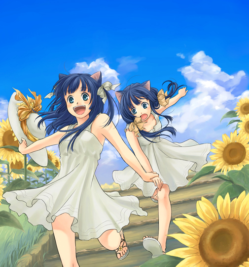 kannuki hisui, original, 2girls, animal ears, bare shoulders, blue eyes, blue hair, cat ears, cloud, day, dress, flower, hat, holding hands, long hair, multiple girls, running, sky, sunflower