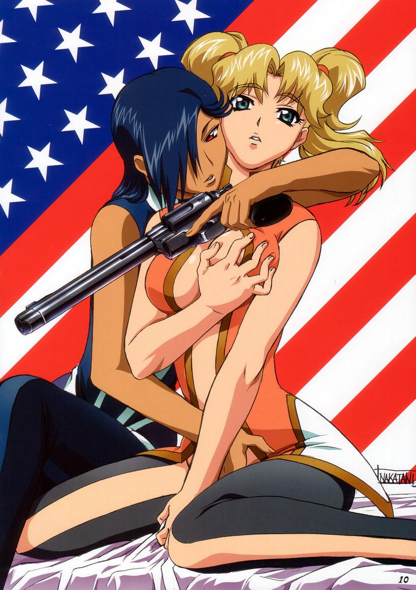 nakatani seiichi, luna (godannar), shadow (godannar), shinkon gattai godannar!!, pilot suit, uniform, jpeg artifacts, scan, 00s, 2girls, american flag, androgynous, bed, bed sheet, blonde hair, blue eyes, blue hair, bodysuit, breasts, center opening, dark-skinned female, dark skin, fingering, flag, grabbing another's breast, grabbing own breast, groping, gun, hair over one eye, handgun, head tilt, hug, hug from behind, large breasts, long hair, multiple girls, no bra, no panties, reach-around, red eyes, reverse trap, revolver, shadow, sheet grab, short hair, signature, sitting, sleeveless, twintails, united states, weapon, yuri