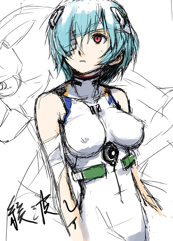 yamane masato, ayanami rei, neon genesis evangelion, 1girl, bandage over one eye, bandages, blue hair, breasts, covered erect nipples, eyepatch, female focus, large breasts, mecha pilot suit, pale skin, plugsuit (evangelion), red eyes, short hair, sketch, solo