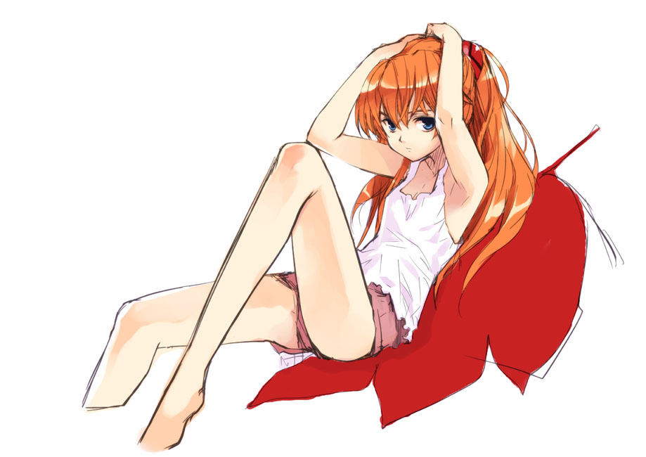 koin (foxmark), souryuu asuka langley, neon genesis evangelion, blouse, blue eyes, hair between eyes, interface headset (evangelion), long hair, orange hair, red hair, shirt, short shorts, shorts, sleeveless, sleeveless shirt, solo, twintails, two side up, white shirt