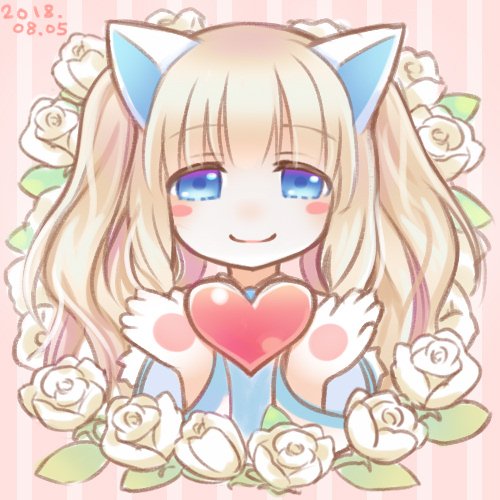 nekomata shiro, emil chronicle online, lowres, 1girl, animal ears, animal hands, blonde hair, blue eyes, blush stickers, cat ears, cat girl, dated, dress, flower, heart floating above hand, long hair, pink background, portrait, ruki aiuchi, smile, solo, striped background, twintails, white dress
