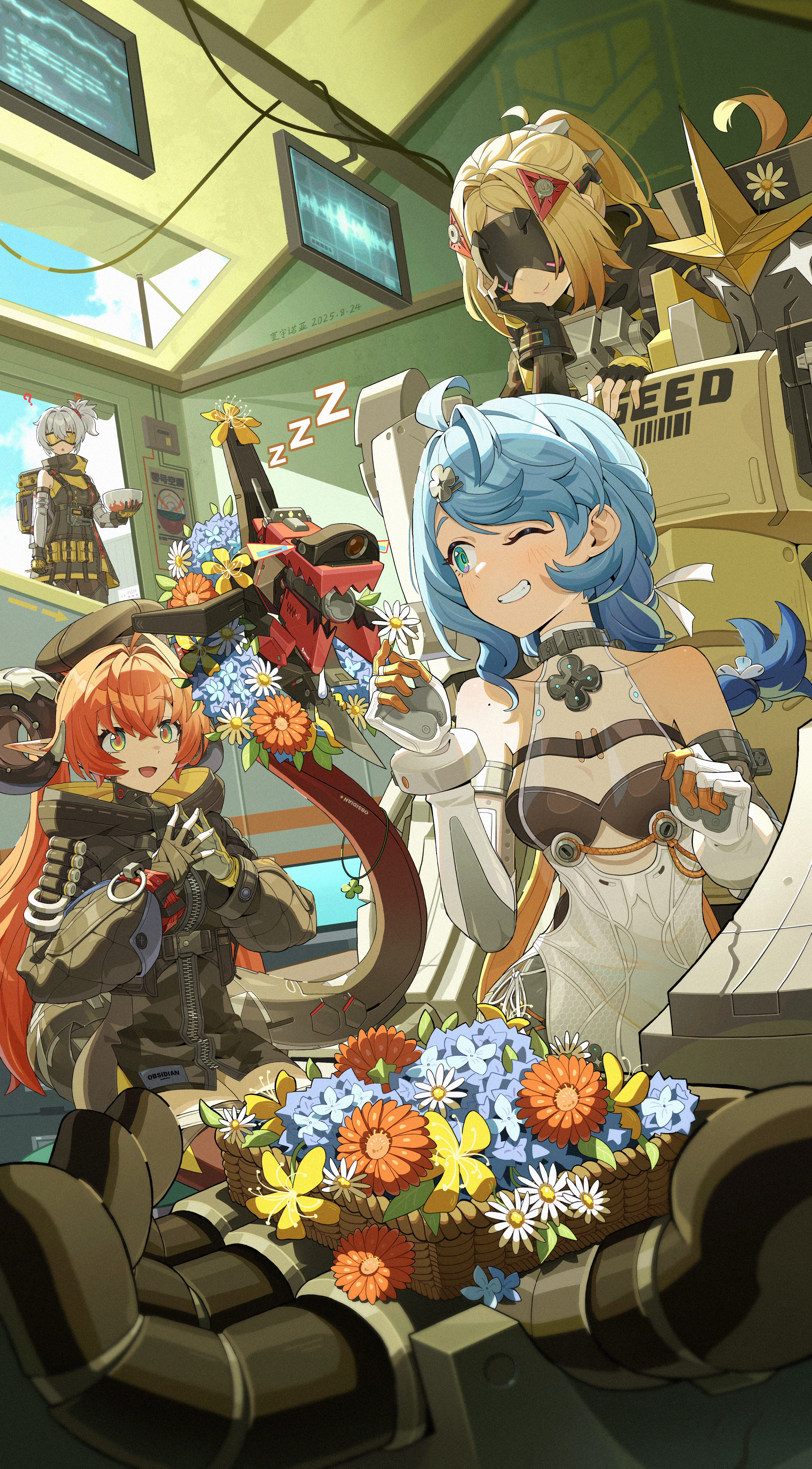 hyny, magus (zenless zone zero), orphie magnusson, seed (zenless zone zero), seed sr., soldier 11 (zenless zone zero), trigger (zenless zone zero), zenless zone zero, absurdres, highres, 2others, 4girls, aqua eyes, bare shoulders, black gloves, blindfold, blonde hair, blue hair, clenched teeth, dress, elbow gloves, fingerless gloves, flower, gloves, grey hair, grin, long hair, long sleeves, looking at another, mecha, medium hair, mole, multiple girls, multiple others, open mouth, orange hair, orange pupils, pointy ears, robot, side ponytail, smile, tail, teeth, white gloves, yellow gloves