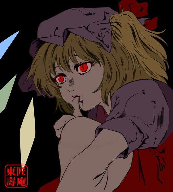 aka ringo, azuma shoujuan, flandre scarlet, death note, touhou, looking away, 1girl, biting, black background, blonde hair, bow, diamond (shape), female focus, frills, glowing, glowing eyes, hair bow, hat, mob cap, one side up, parody, pink lips, puffy short sleeves, puffy sleeves, red bow, red eyes, short sleeves, sitting, slit pupils, solo, thumb sucking, thumbs up, wings
