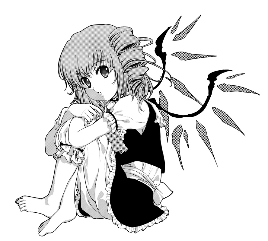aka ringo, azuma shoujuan, flandre scarlet, touhou, 1girl, alternate hairstyle, barefoot, bloomers, drill hair, feet, female focus, greyscale, monochrome, side ponytail, sitting, solo, underwear, wings