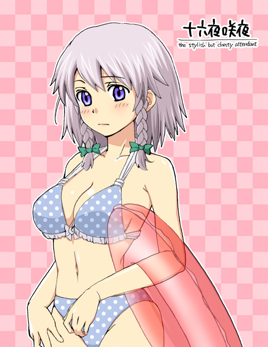 azuma shoujuan, izayoi sakuya, touhou, silver hair, 1girl, bikini, blush, braid, checkered background, female focus, innertube, polka dot, polka dot bikini, short hair, solo, swim ring, swimsuit, twin braids