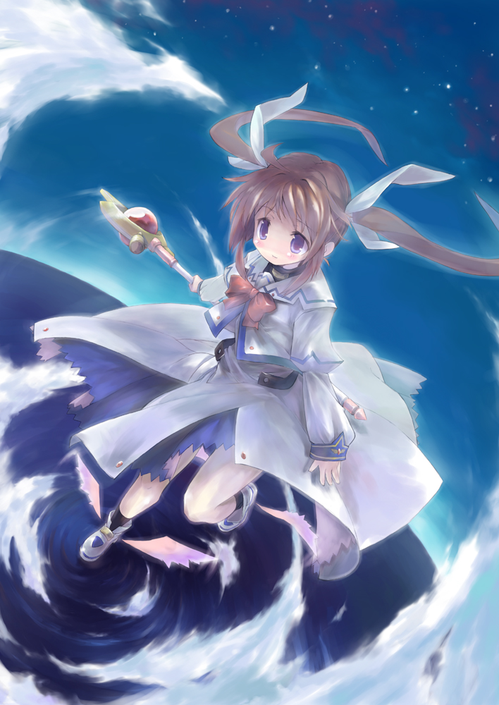 xexu, raising heart, raising heart (device mode), takamachi nanoha, takamachi nanoha (original mode), lyrical nanoha, mahou shoujo lyrical nanoha, winged footwear, 00s, 1girl, blue eyes, blush, bow, brown hair, female focus, flying, leg lift, long hair, magical girl, night, purple eyes, red hair, shoes, sky, solo, star (sky), star (symbol), starry sky, twintails, wand, wings