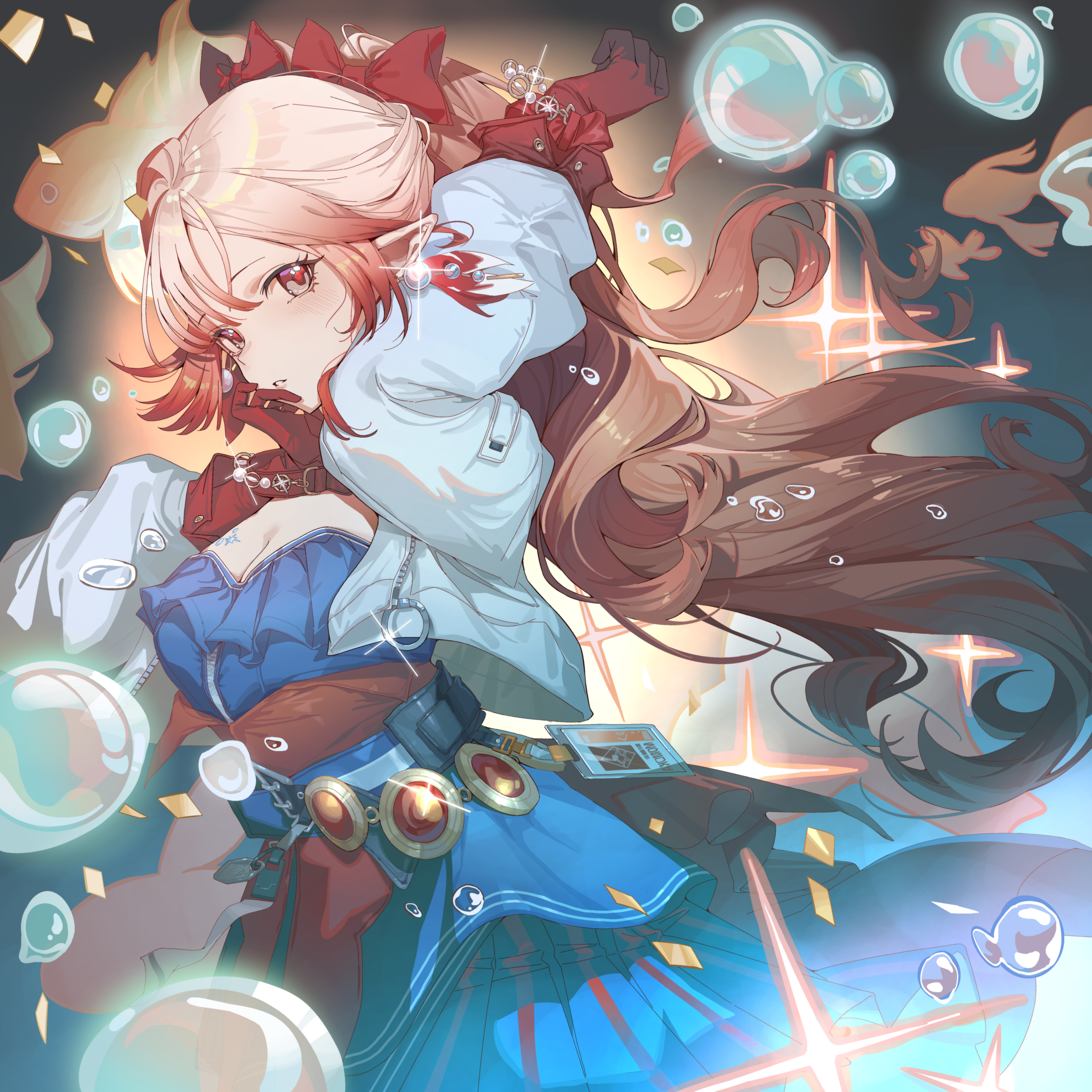 shuishi tidu, haruka (arknights), arknights, absurdres, commentary, highres, 1girl, blue dress, bow, bracelet, breasts, bubble, cleavage, dress, earrings, glint, gloves, gradient hair, hair bow, jewelry, long hair, looking at viewer, multicolored hair, parted lips, pearl bracelet, pearl earrings, pointy ears, red bow, red gloves, solo, very long hair