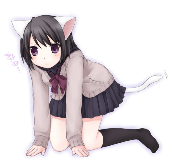 usashiro mani, original, animal ears, cat ears, cat tail, school uniform, serafuku, socks, solo, tail